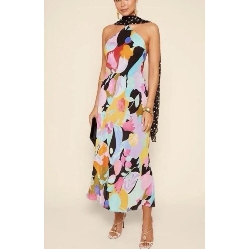 Rixo Anthropologie Hayley Silk Slip Maxi Halter Dress Tulip Spot Multi 10